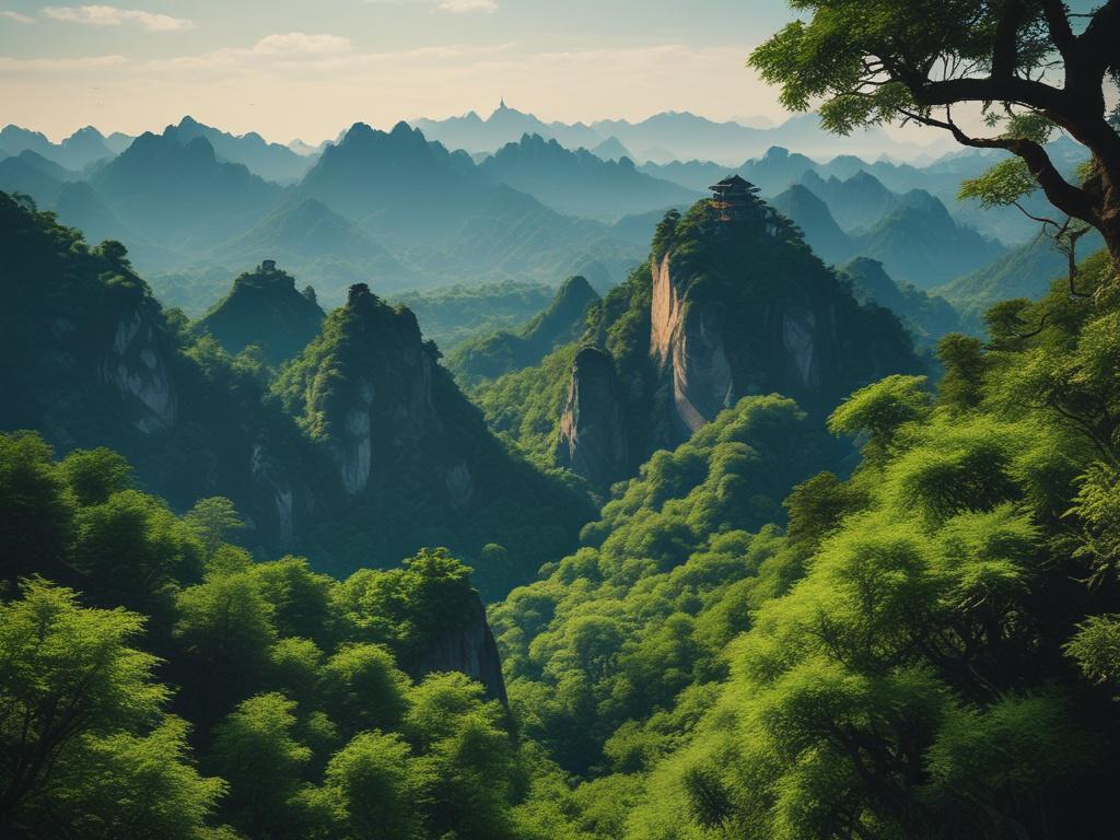 A scenic view of the Wudang Mountains with lush greenery and a clear blue sky, captured in hyper-realistic detail, focusing on the majestic peaks and serene atmosphere, emphasizing the beauty of nature.